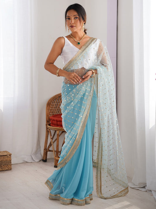 Blue Light Party Wear Net Embellished Saree