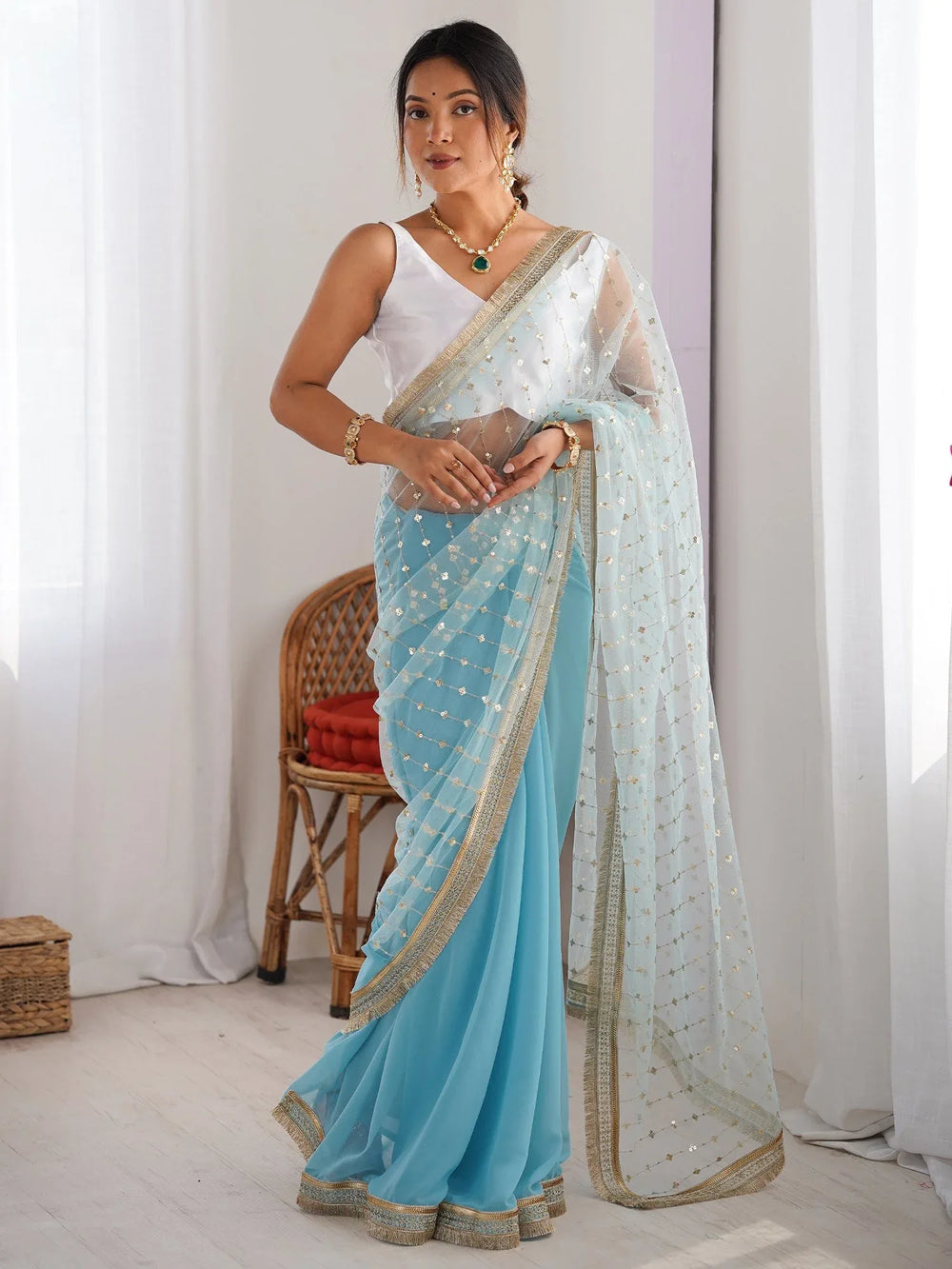 Blue Light Party Wear Net Embellished Saree