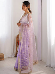 Lavendar Party Wear Net Embellished Saree