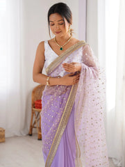 Lavendar Party Wear Net Embellished Saree