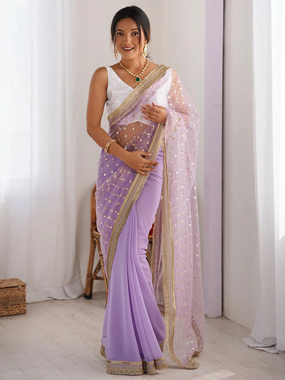 Lavender Lavendar Party Wear Net Embellished Saree