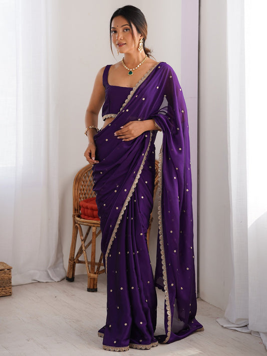 Purple Purple Party Wear Pure Georgette Embellished Saree