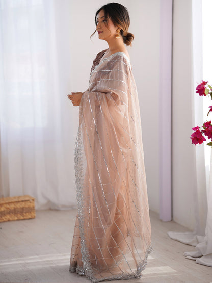 Beige Party Wear Net Embellished Saree