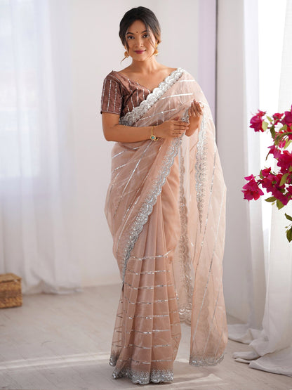 Cream Beige Party Wear Net Embellished Saree