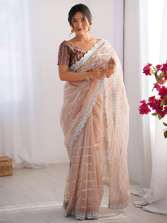 Cream Beige Party Wear Net Embellished Saree