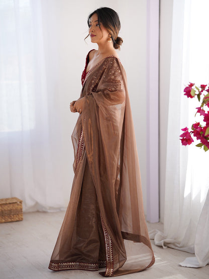 Bronze Party Wear Net Embellished Saree