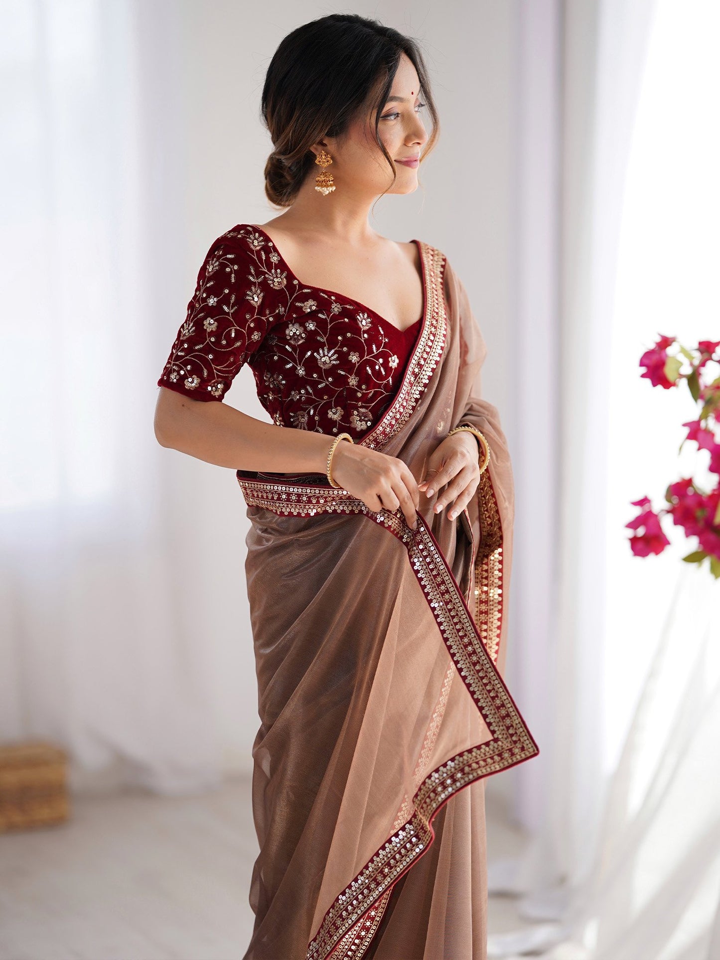 Bronze Party Wear Net Embellished Saree