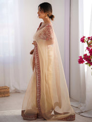Cream Party Wear Organza Embellished Saree