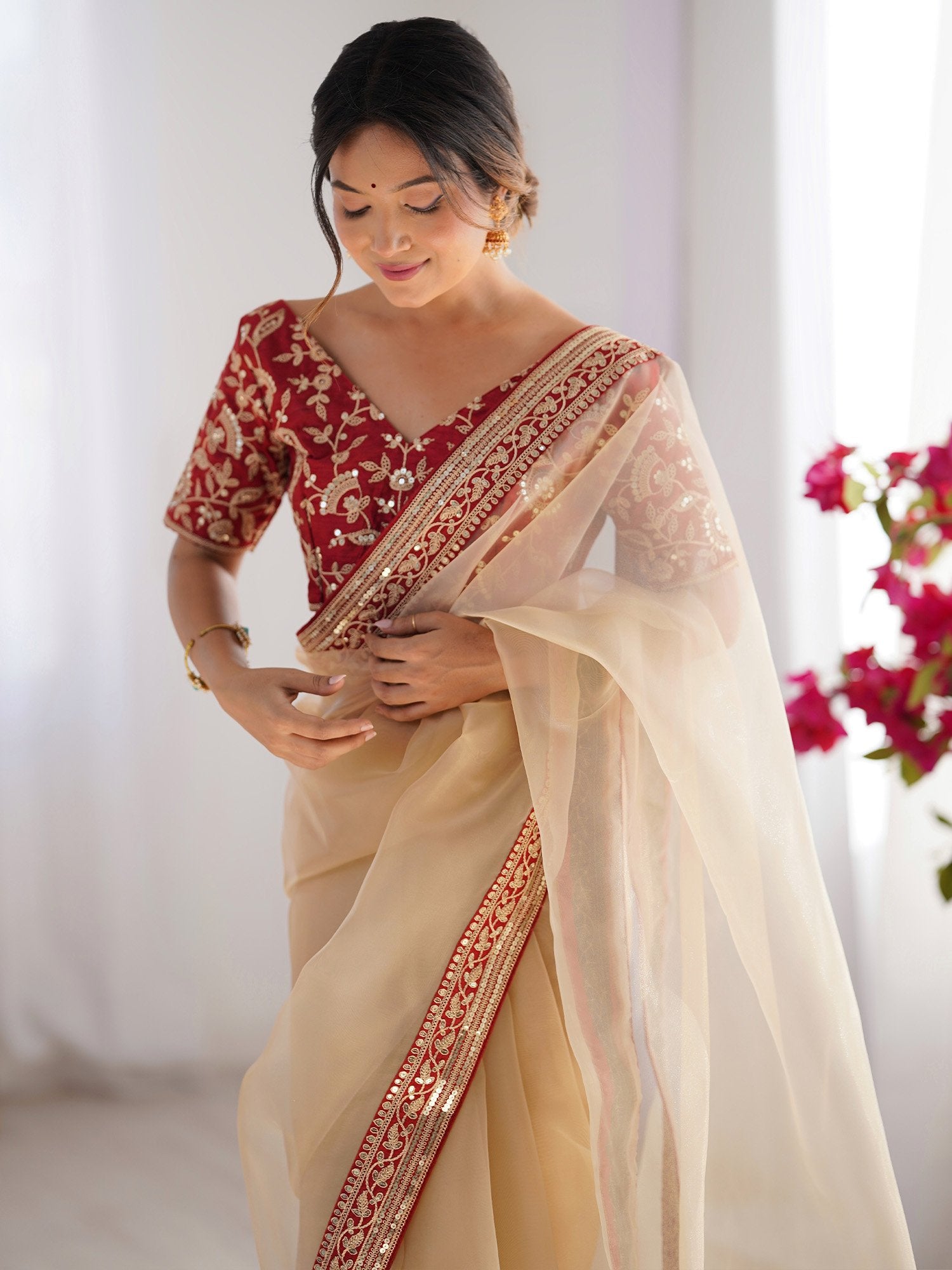 Cream Cream Party Wear Organza Embellished Saree