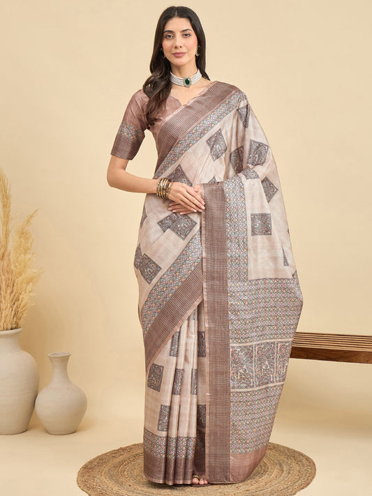 Cream Beige Tussar Manipuri Silk Printed Saree