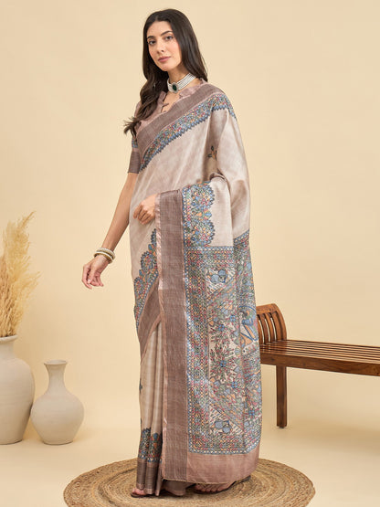 Beige Tussar Manipuri Silk Printed Saree