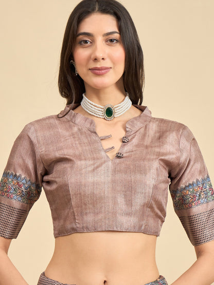 Beige Tussar Manipuri Silk Printed Saree