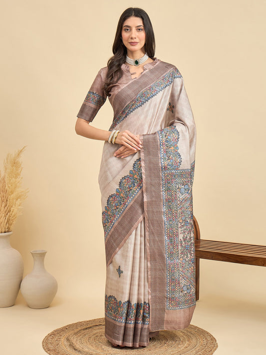 Cream Beige Tussar Manipuri Silk Printed Saree