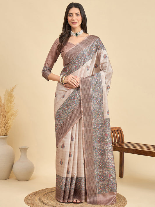 Cream Beige Tussar Manipuri Silk Printed Saree