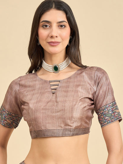 Beige Tussar Manipuri Silk Printed Saree