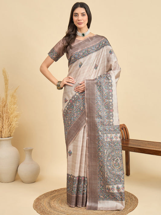 Cream Beige Tussar Manipuri Silk Printed Saree