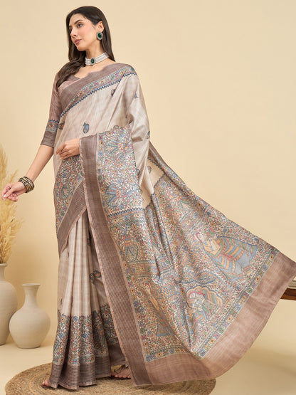 Beige Tussar Manipuri Silk Printed Saree