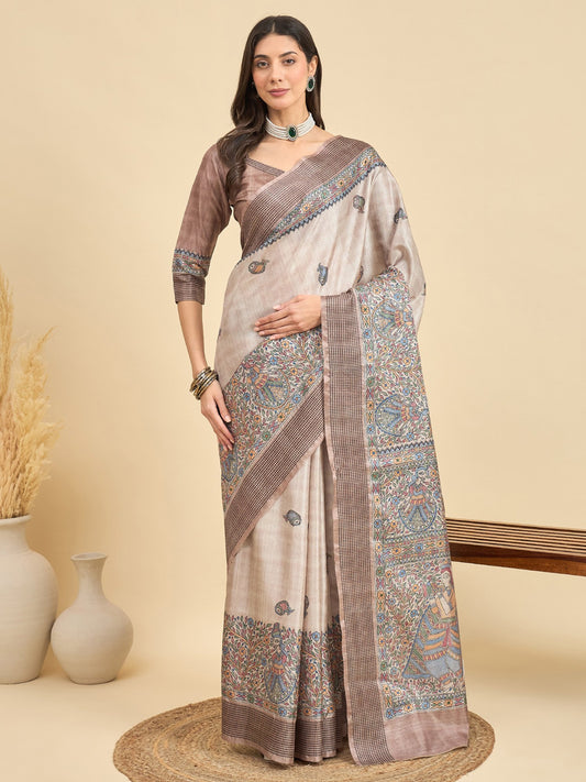 Cream Beige Tussar Manipuri Silk Printed Saree