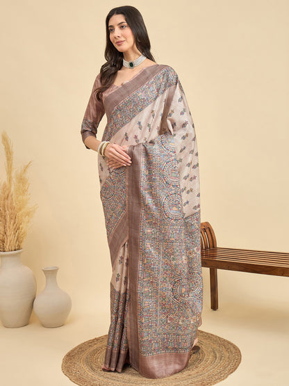 Beige Tussar Manipuri Silk Printed Saree