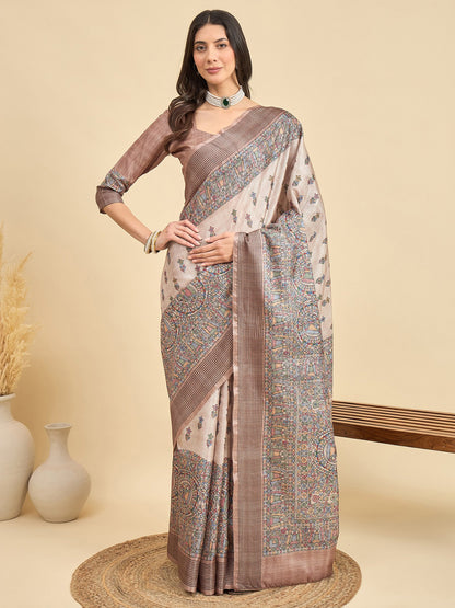 Cream Beige Tussar Manipuri Silk Printed Saree