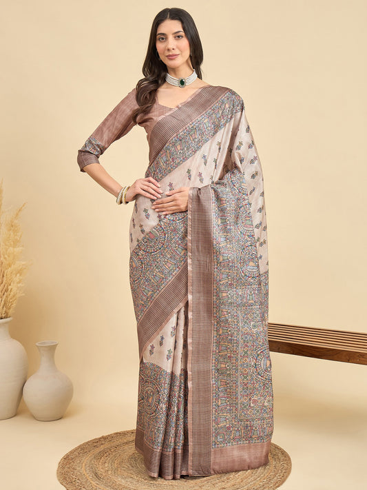 Cream Beige Tussar Manipuri Silk Printed Saree