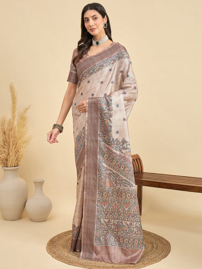 Beige Tussar Manipuri Silk Printed Saree