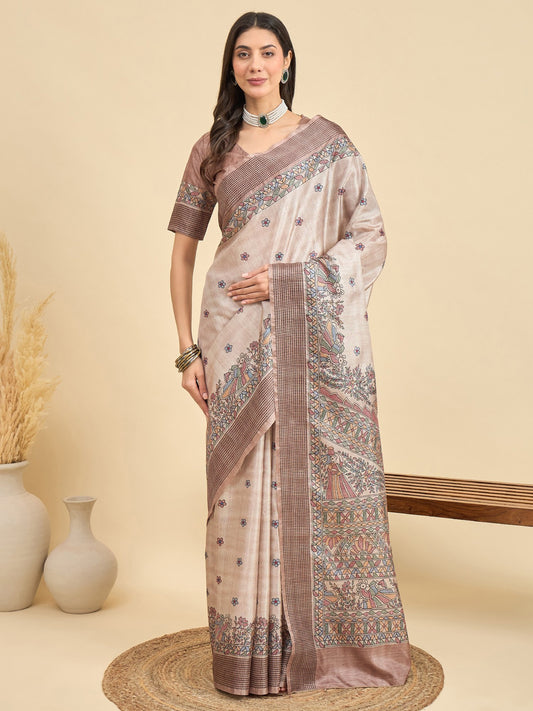Cream Beige Tussar Manipuri Silk Printed Saree