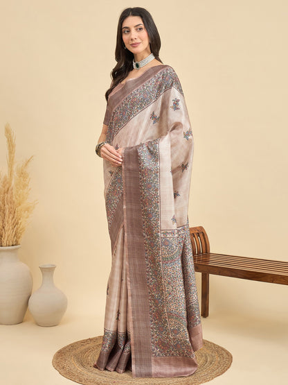 Beige Tussar Manipuri Silk Printed Saree