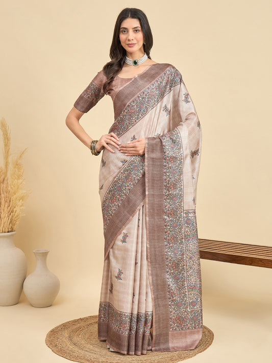 Cream Beige Tussar Manipuri Silk Printed Saree
