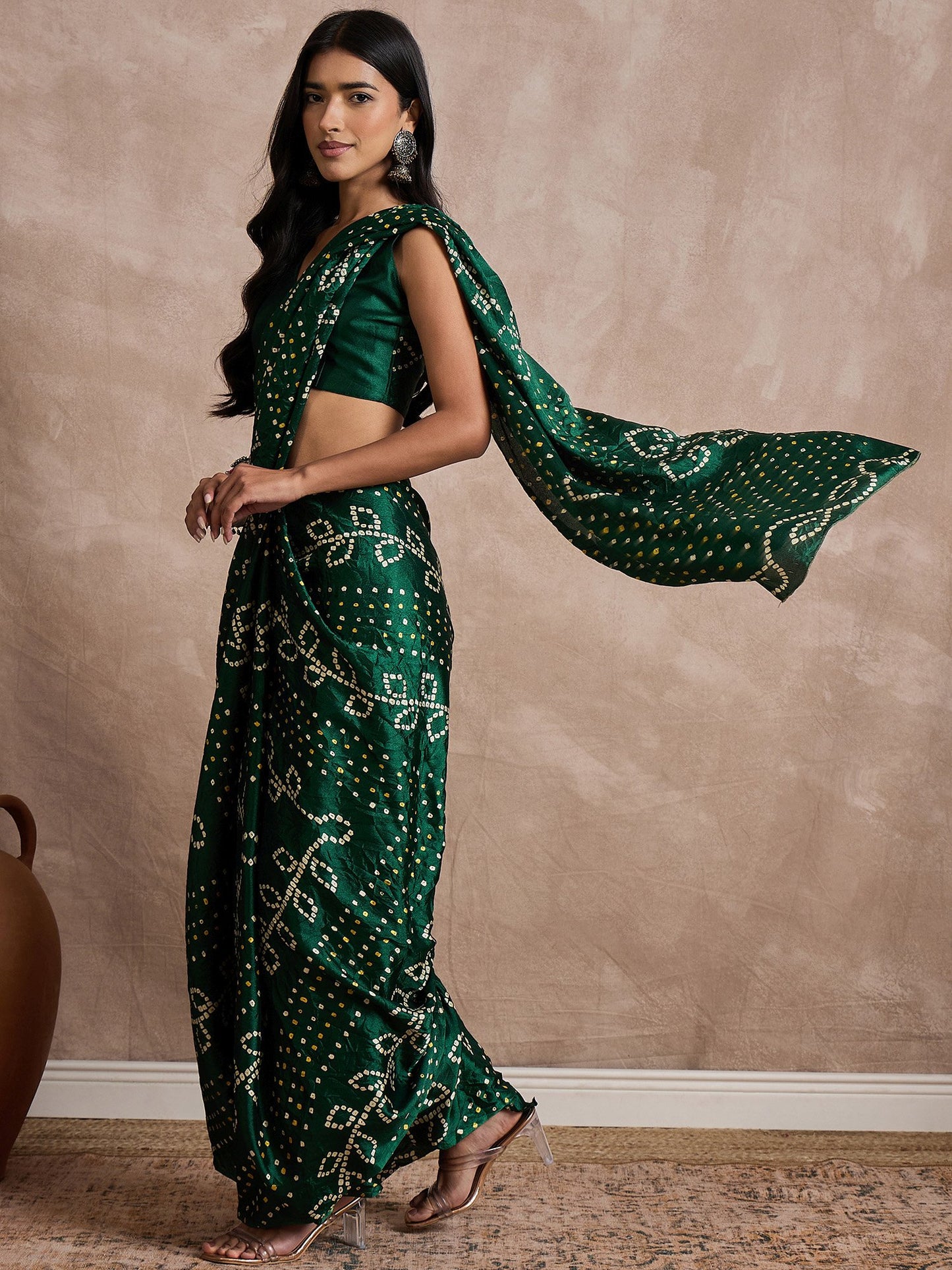 Green Bandhani Silk Blend Printed Saree