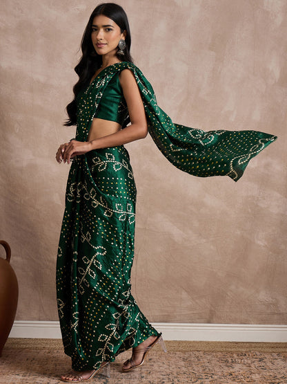 Green Bandhani Silk Blend Printed Saree