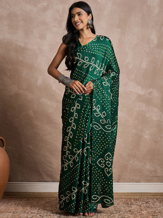 Green Green Bandhani Silk Blend Printed Saree