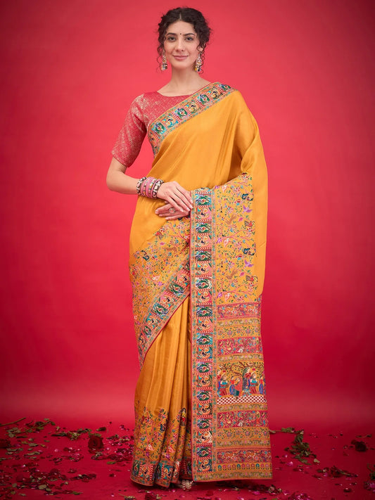 Yellow Mustard Banarasi Viscose Silk Woven Saree