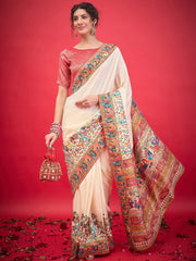 Cream Banarasi Viscose Silk Woven Saree