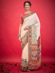 Cream Cream Banarasi Viscose Silk Woven Saree
