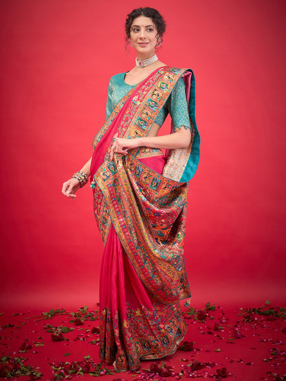 Pink Banarasi Viscose Silk Woven Saree