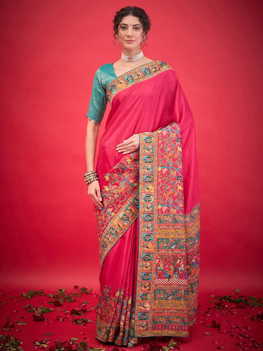 Pink Pink Banarasi Viscose Silk Woven Saree