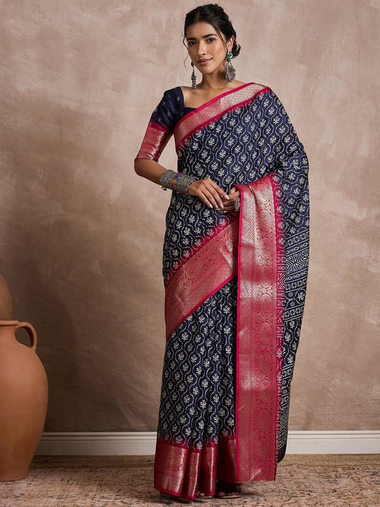 Blue Navy Sungudi Dola Silk Printed Saree