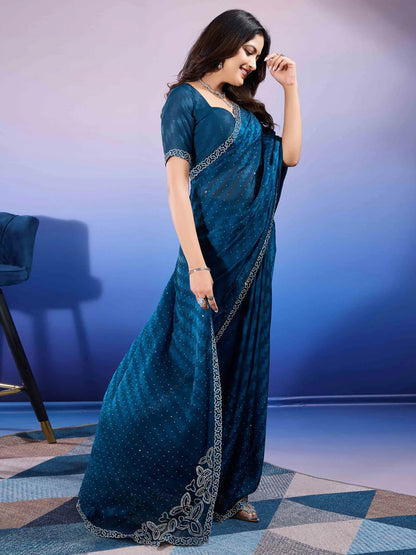 Teal Party Wear Chiffon Embellished Saree