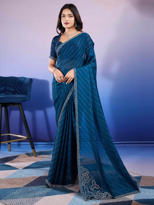 Blue Teal Party Wear Chiffon Embellished Saree