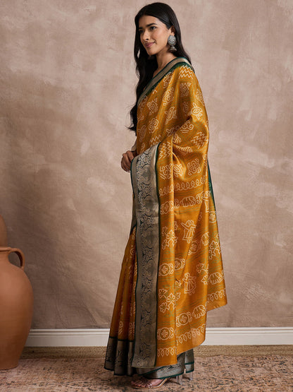 Mustard Sungudi Dola Silk Printed Saree