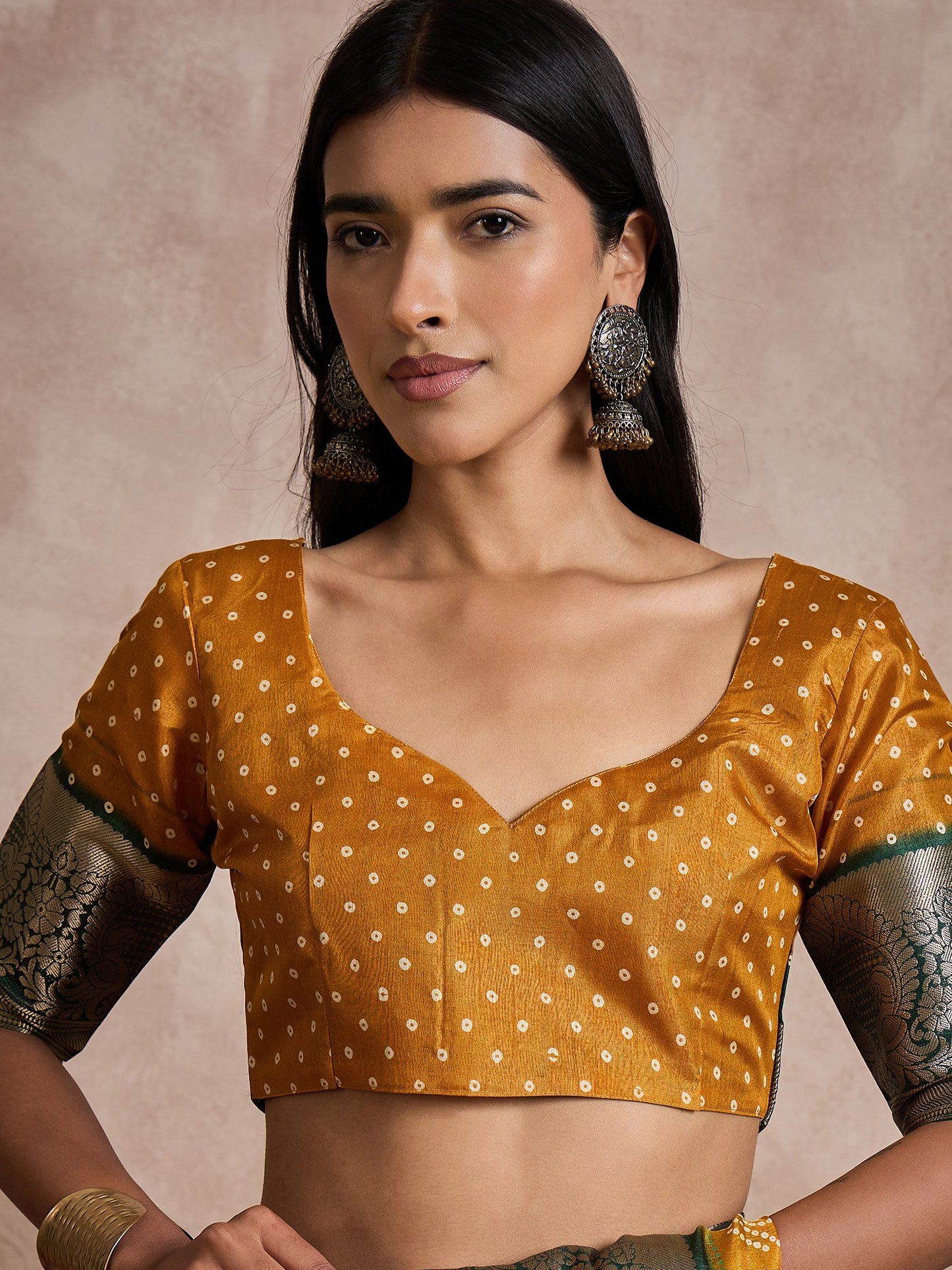 Mustard Sungudi Dola Silk Printed Saree