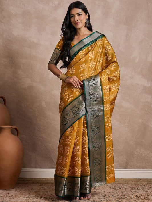 Yellow Mustard Sungudi Dola Silk Printed Saree