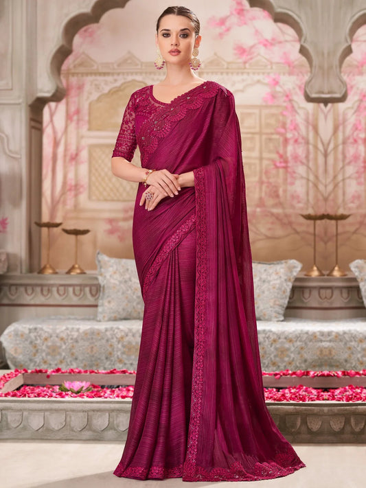Pink Pink Party Wear Satin Silk Embellished Saree