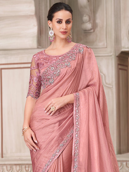 Pink Party Wear Satin Silk Embellished Saree