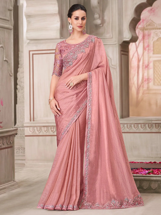 Pink Pink Party Wear Satin Silk Embellished Saree