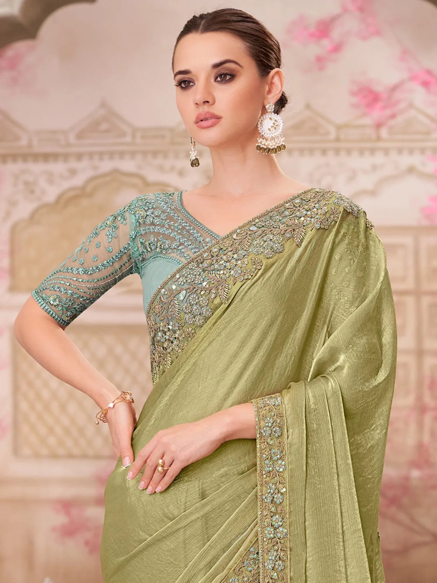 Light Party Wear Pure Chiffon Embellished Saree - The Dori Store