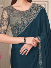 Teal Blue Party Wear Satin Silk Embellished Saree