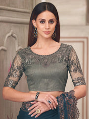 Teal Blue Party Wear Satin Silk Embellished Saree