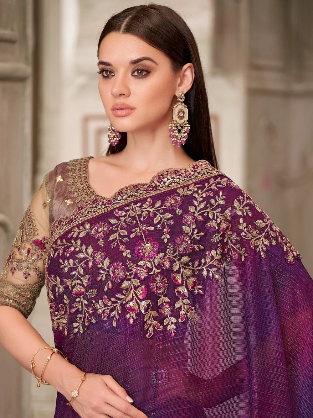Purple Party Wear Pure Georgette Embellished Saree - The Dori Store